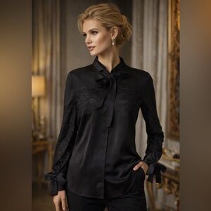 NWT: Black Satin Blouse with Lace Detail